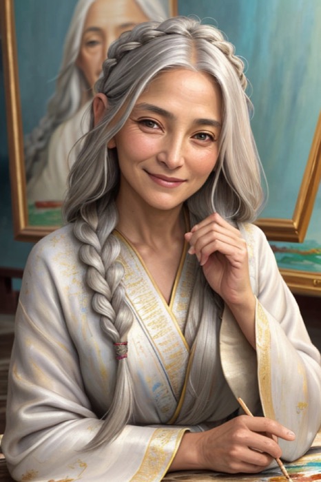 Eldora, an elder spiritual mentor; AI-generated character with silver hair tied in a loose braid, earth-toned robes.